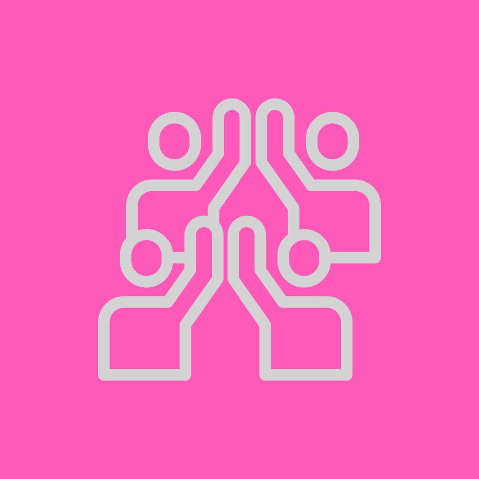 A pink background with 4 images of people in grey outline holding up their hands