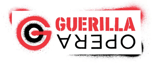 The Guerilla Opera logo: in a font that looks like a spray-painted stencil, there is a red G surrounding a black O; next to that is the text Guerilla and, beneath that and upside down, the text Opera.
