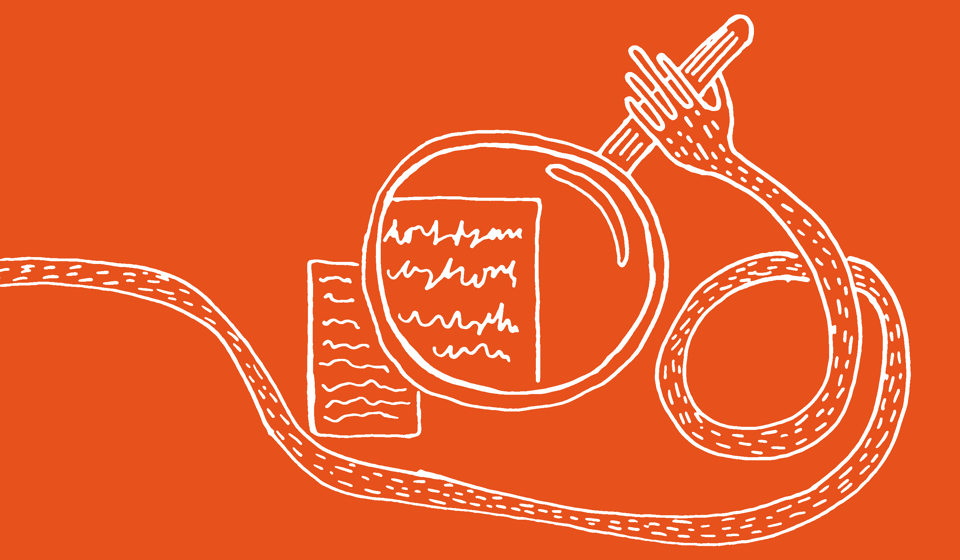 a banner image in orange with a hand drawn wiggly arm holding a magnifying glass illuminating a document