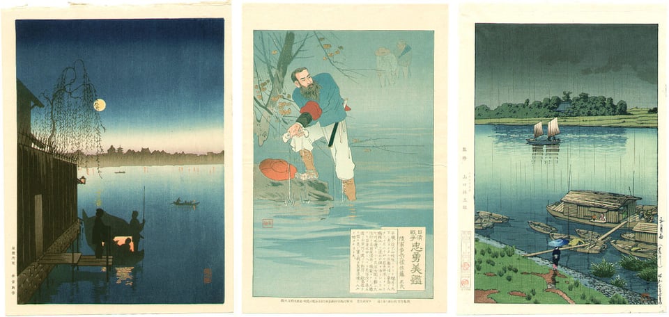 Three japanese woodblock artworks. On the left, a nighttime scene of a boat docked at a house on the far left, with a mirror-calm river behind it and a darkening blue sky with a pale moon, giving a very peaceful feeling. In the middle, a bearded man dressed in white pants and blue jacket standing with one foot in a river, wringing a white handkerchief into the water, and the water is slightly wavy. On the right, a wide river goes horizontally with a small patch of green land on the near side and a forest on the far side, and a sailboat with two square sails far out in the river.