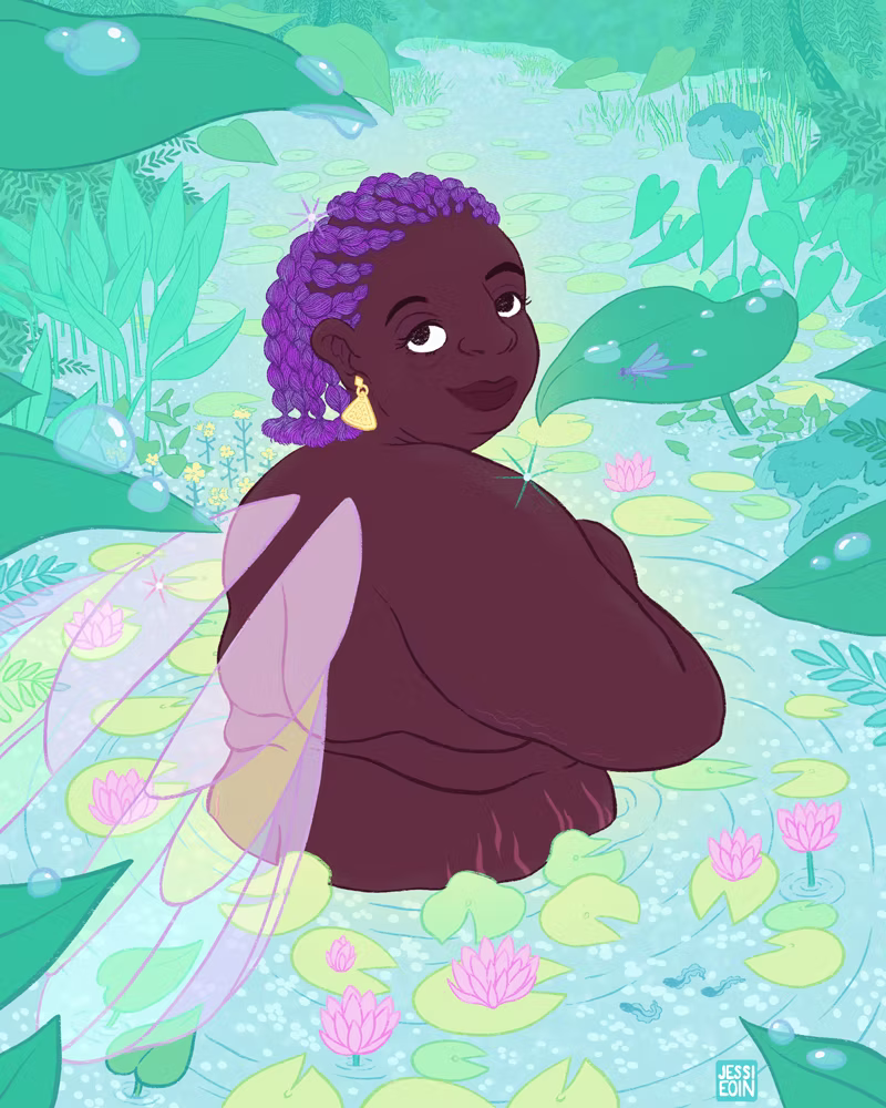 A colorful illustration of a fat, disabled, dark-skinned Black dragonfly fairy with Crouzon Syndrome; her purple gradient hair is braided back, and she looks back over her shoulder directly at the viewer with big beautiful eyes. Her wings are iridescent. She wades in a pool of water filled with water lily pads and framed by a variety of luscious plants in various shades of green. A dragonfly perches nearby on a fantastically large leaf of a plant, and tadpoles swim near the fairy in the foreground. The scene is serene and inviting.
