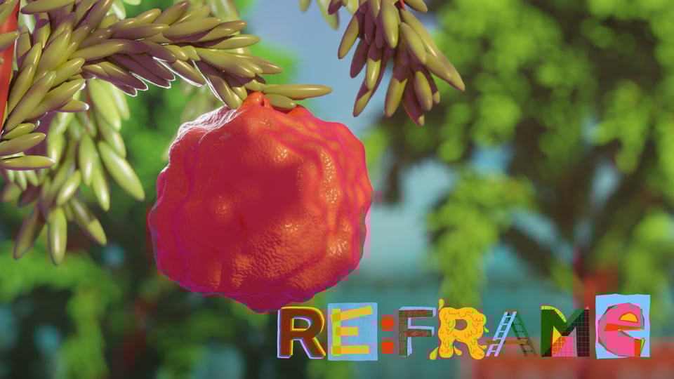 The beautiful, gorgeous, immaculate, showstopping RE:FRAME logo is superimposed over an image from the film Boys Go To Jupiter: a close up of an orange hanging from a tree branch.