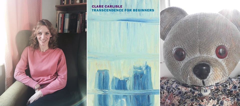 Three images: left, photo of philosophy professor Clare Carlisle seated, wearing a pink sweater, with a bookcase behind her; center, the US cover of Clare's book TRANSCENDENCE FOR BEGINNERS; right, Instax photo closeup of the face of a small stuffed mouse-toy, wearing a dress.