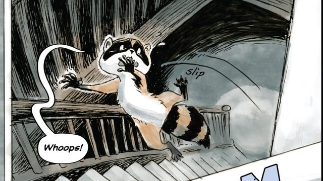 cute raccoon art by Carla Speed McNeil, a raccoon jumping out of an attic and slipping on the stairs, saying "whoops!"