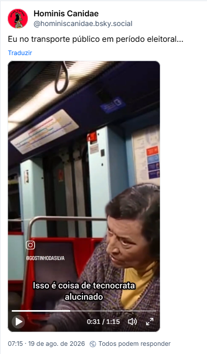 Post de Hominis Canidae (@hominiscanidae.bsky.social): Eu no transporte público em período eleitoral… (post contém video misturando o apresentador do "What is your take?" com a saudosa economista Maria da Conceição Tavares e sua famosa fala sobre tecnocracia, como se estivesse dentro de um ônibus)