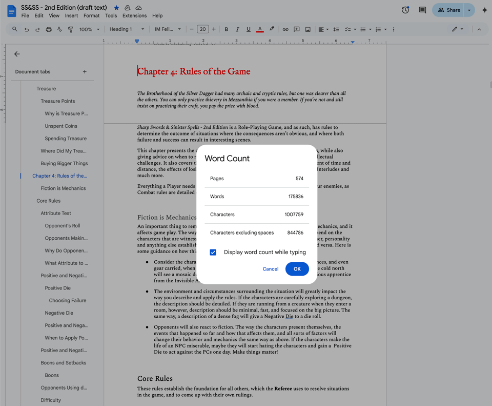 Screenshot of google docs showing part of the text of the rules chapter and showing the document has 574 pages.