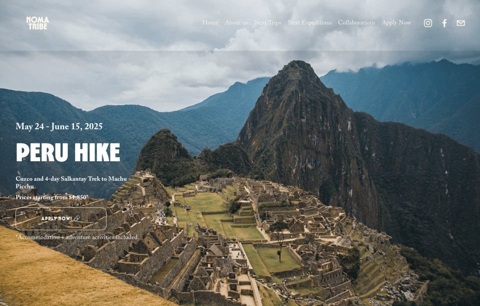 Screenshot of the Noma Tribe website with an image of Machu Picchu and text reading "Peru Hike"