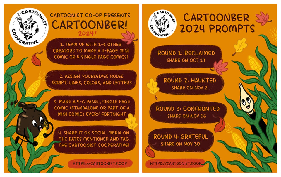 Two colorful graphics side by side announcing the Cartoonist Cooperative's art challenge called Cartoonber. The first illustration shows the Co-op's mascot Inkling (an inkpot) playing in a corn field as autumn leaves fall around them. The Co-op logo is next to and above text that reads, 