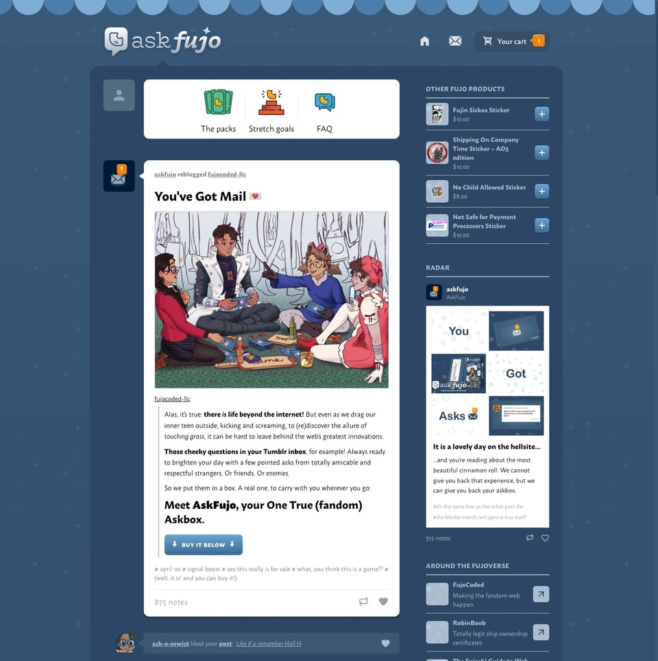 The askfujo store page, styled like a tumblr dashboard