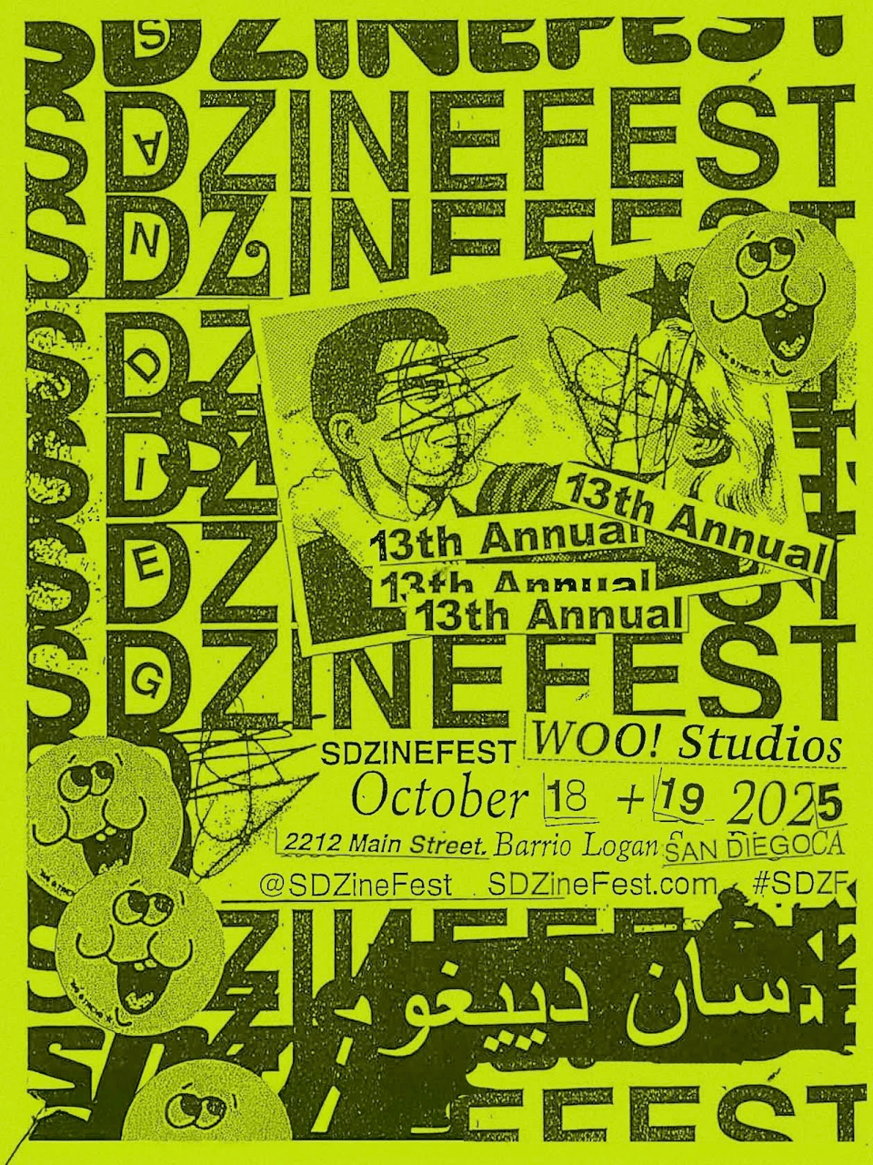 neon green photocopied flyer for 13th Annual SD Zine Fest, happening Oct 18 + 19 at WOO! Studios in Barrio Logan