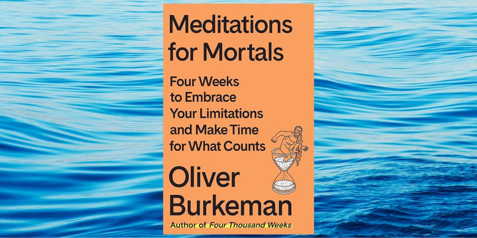 A calming blue sea with the Meditations for Mortals book cover in front of it.