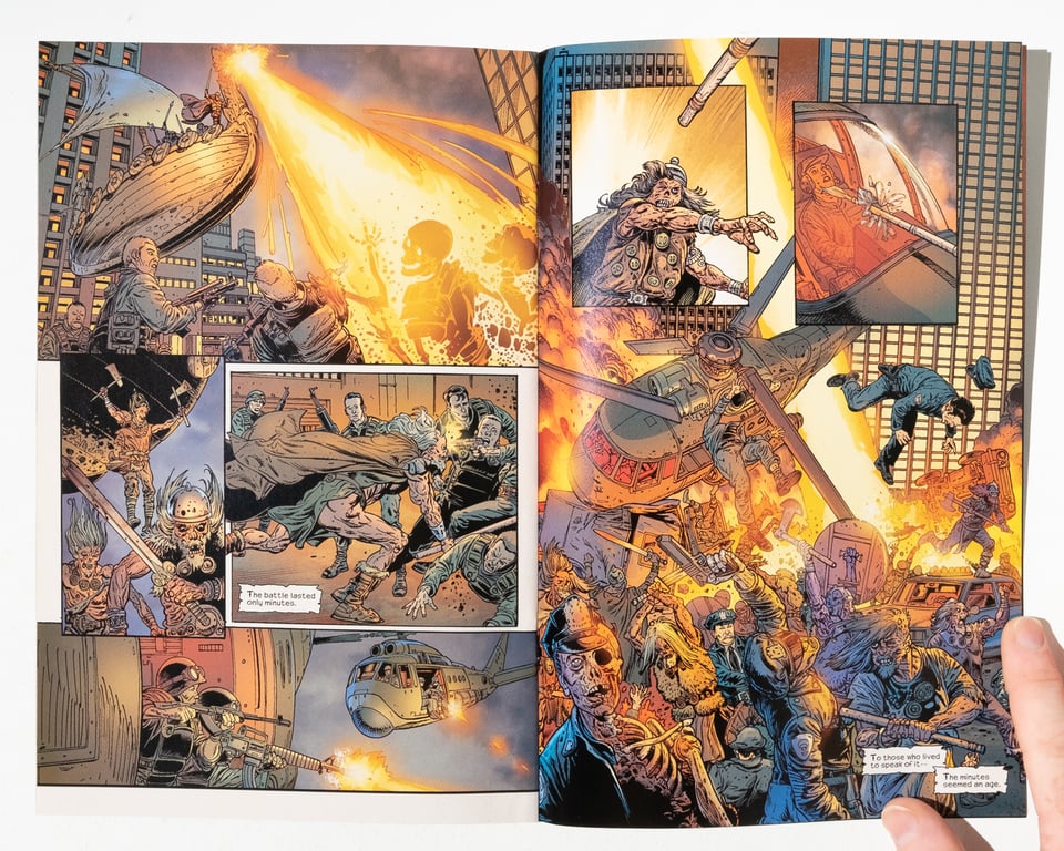 a two page spread from "Thor: Vikings" that shows a flying Viking ship in modern day Manhattan violently killing everyone it encounters