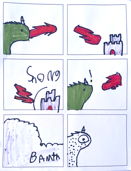 Simple 6-panel comic strip drawn by a child. A one-eyed dragon breathes a gout of flame at a castle. The fireball bounces off the castle with a "SHONG" sound effect, striking the dragon, "BAMTH" and leaving him burnt, without scales.