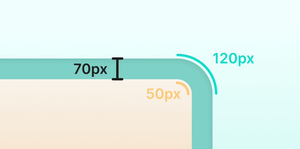 A diagram showing the three values: Inner radius is 50px and the distance is 70px, so the outer radius is 120px