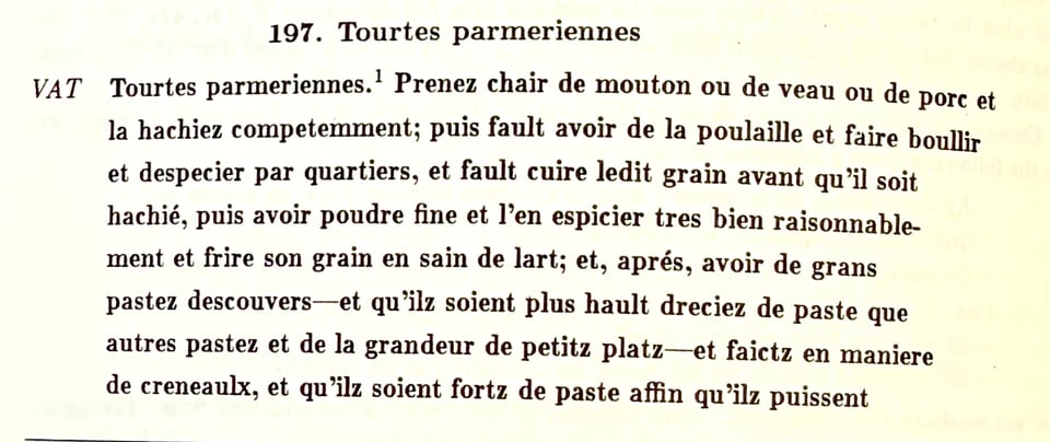 A set of instructions for making pork pie in late medieval French.