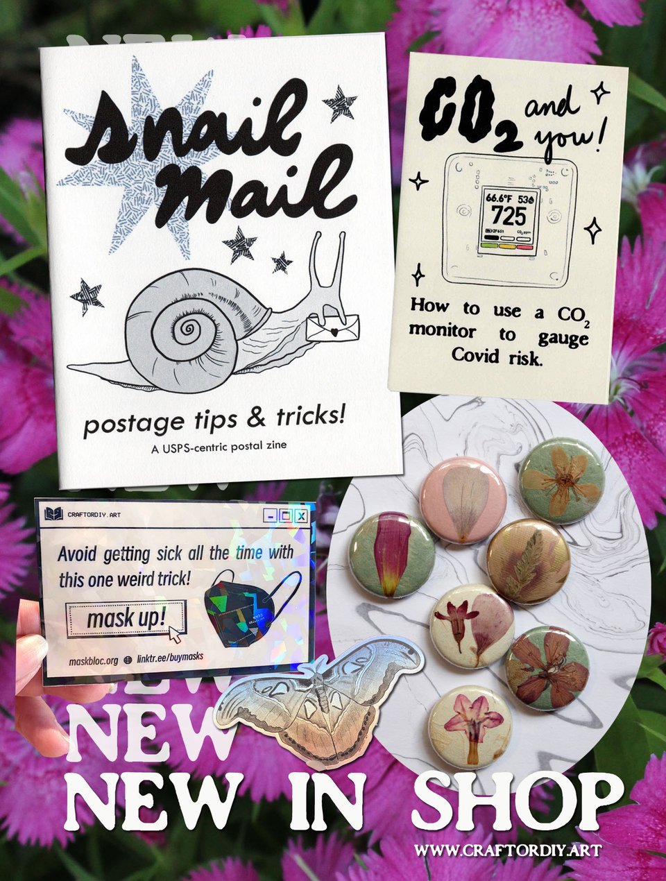 photo collage of new stickers, zines & pins in stock.
