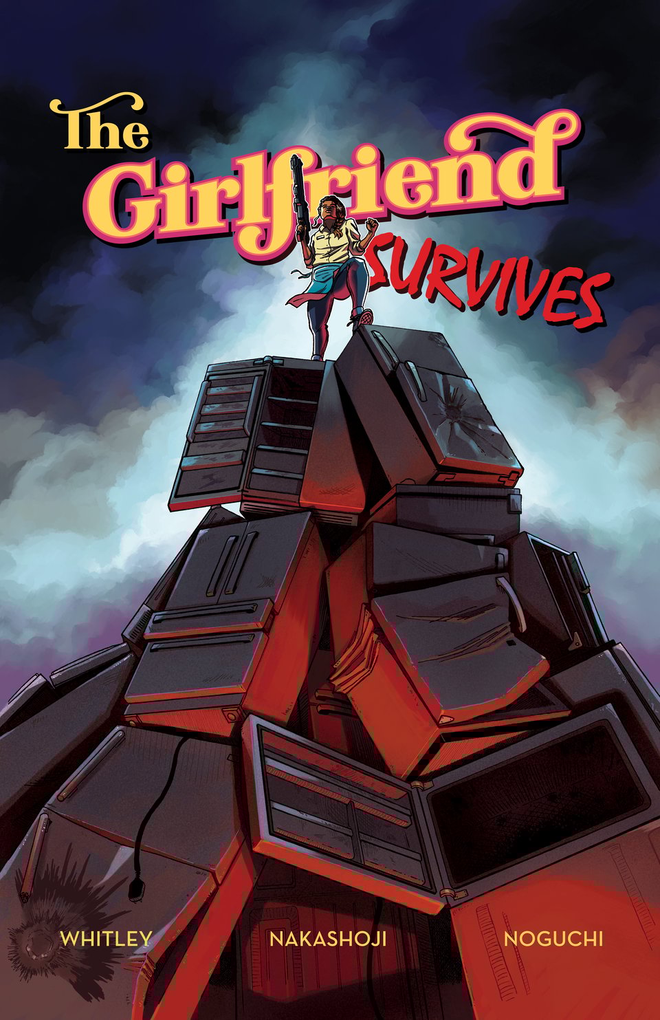 The cover for The Girlfriend Survives in which Delilah, a non-super girlfriend of a superhero stands on a pile of defeated refrigerators, victorious.
