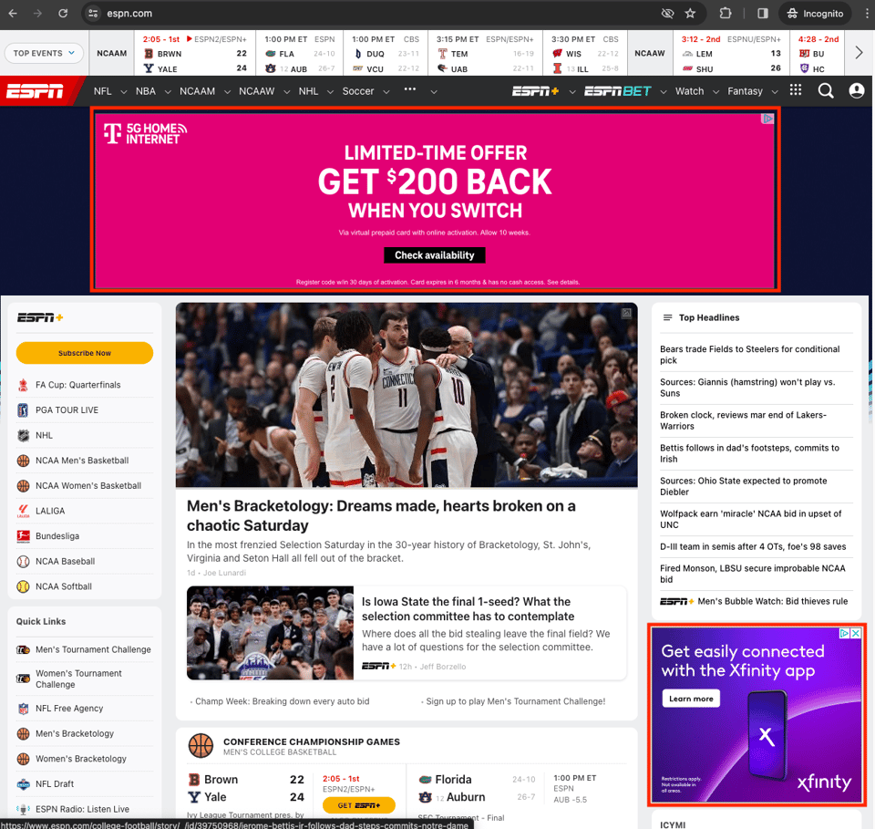 Homepage of ESPN