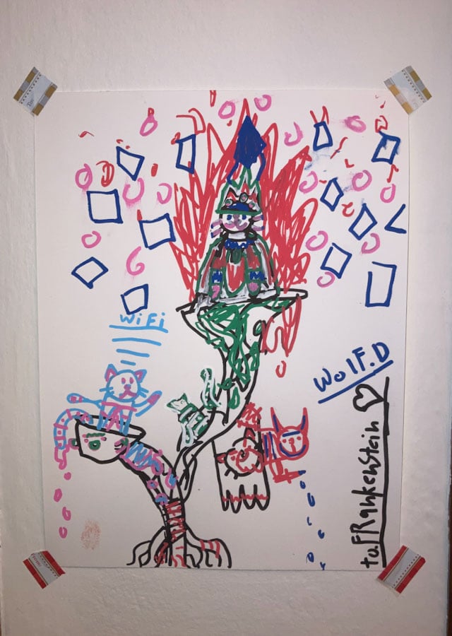 A drawing made by a 10 year old with many colors of paint markers of a beanstalk-like tower with multiple platforms, each one containing a cat. One has "Wifi Cat", one has a cat with a knife dripping blood, one is camouflaged and perching on the stem, and one is at the top, dressed as a wizard. The drawing is titled "To: Frankenstein from Wolf D."