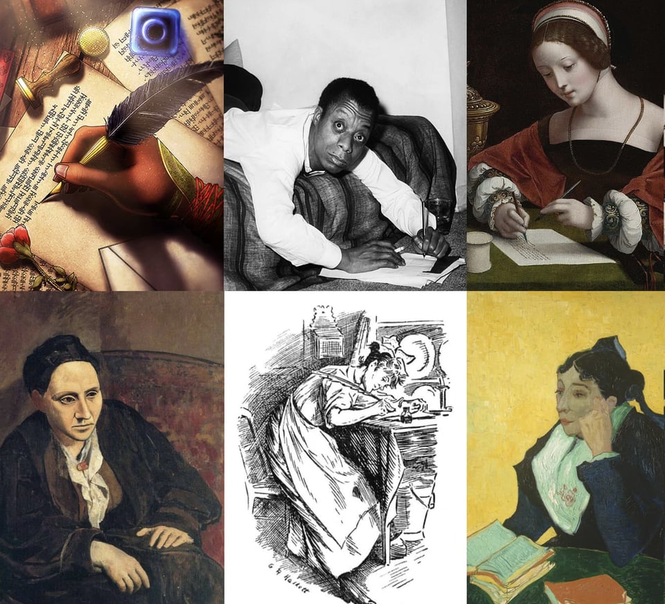 Six images—drawings, photographs, paintings—depicting people in the act of writing