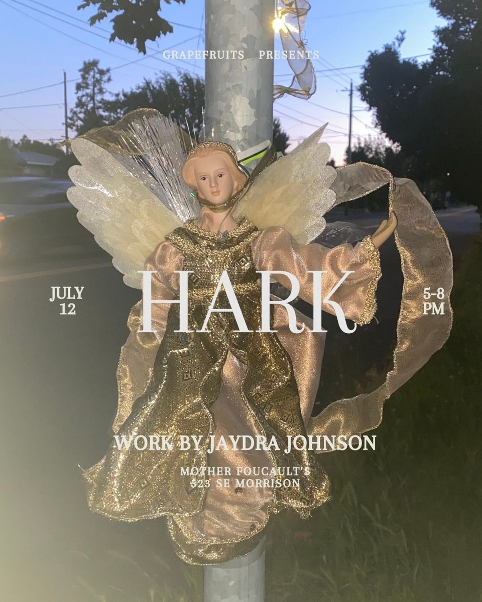a photo of a toy angel strapped to a post, overlaid with text promoting an art show titled "hark"