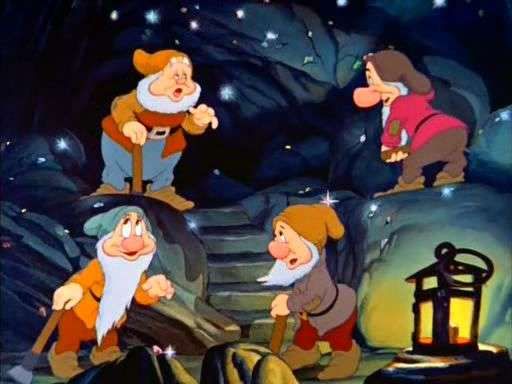 The seven dwarfs work in the mines.