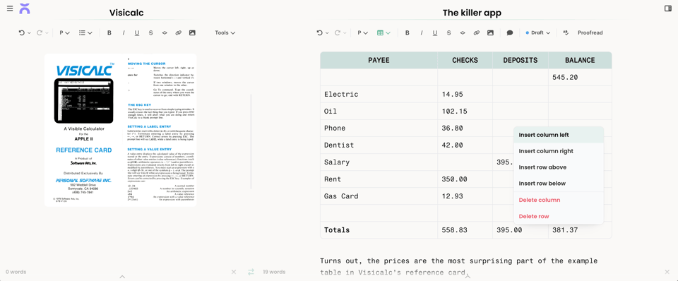 Reproof screenshot of adding tables in the document editor
