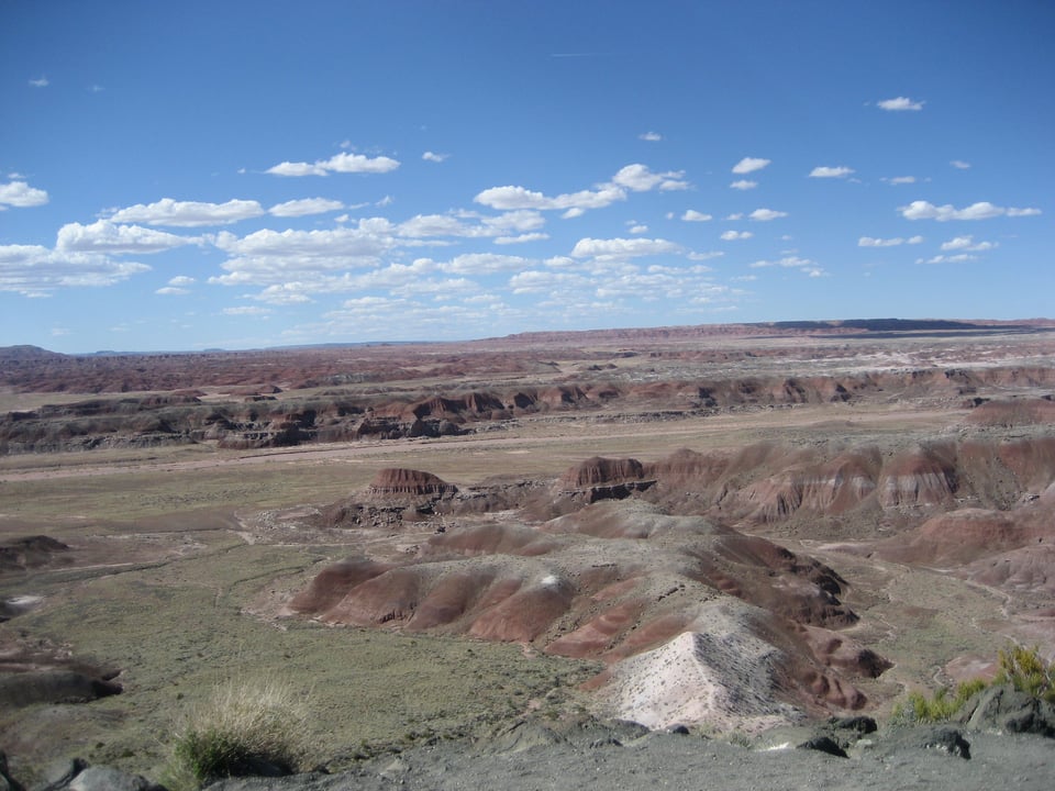 Open desert, dotted with green and showing patterns of red rock.