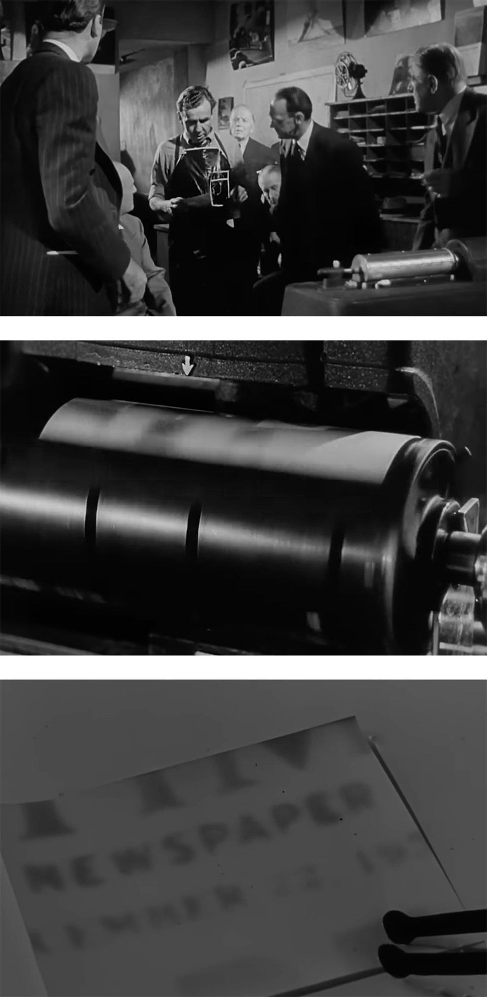 A sequence of three images from Call Northside 777: top, Jimmy Stewart and parole board gathered in image receiving room waiting for developed photos from the fax machine; center, the spinning cylinder of the machine; bottom, developing the words with the date on them that will let the prisoner be released.