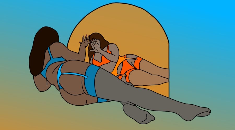 a drawing of a woman in blue lingerie lying in front of a mirror. The woman in the reflection is dressed the same except the lingerie is orange.