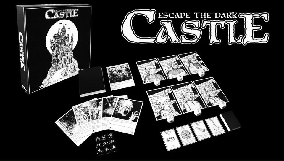 A display of the Escape the Dark Castle game, with dice, cards, and character sheets filled with moody fantasy art.