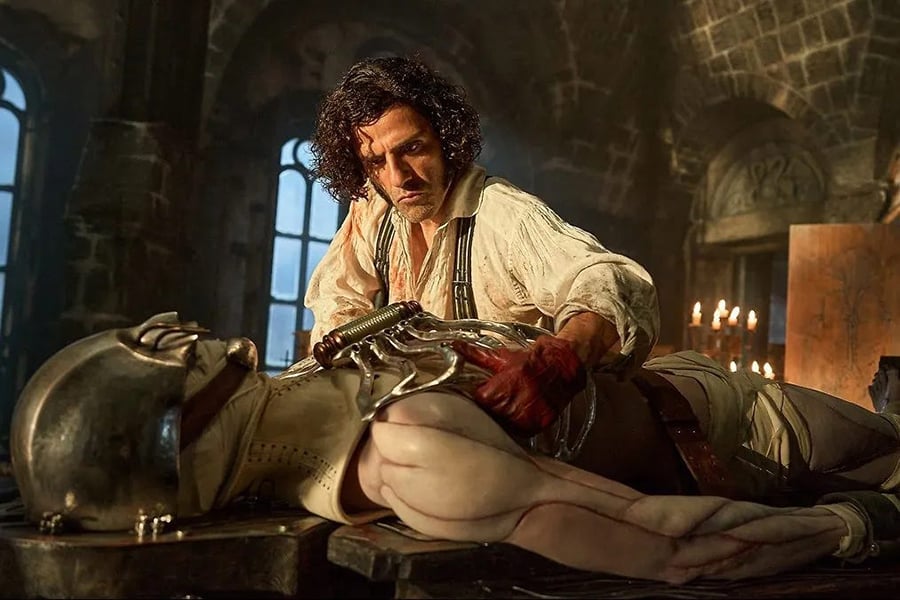 A still from the new Frankenstein movie. Oscar Isaac as Victor Frankenstein is preparing to bring his creature to life.