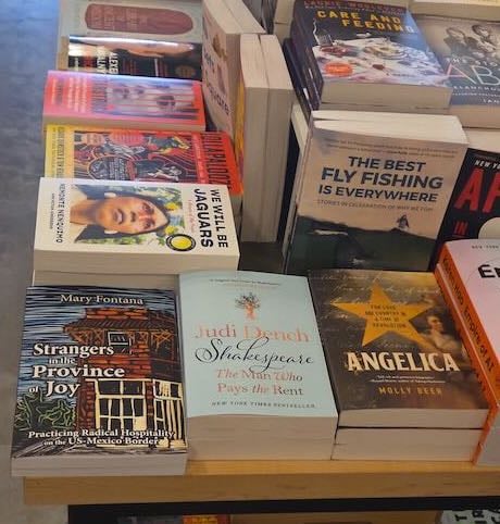 Stacks of books on a display table. The front leftmost book is called STRANGERS IN THE PROVINCE OF JOY by Mary Fontana.