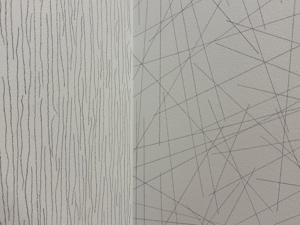 Two Sol LeWitt pieces adjacent to each other, meeting at a corner. The left one has squiggly vertical lines, the right one has straight lines in random directions overlapping each other, both are drawn on a wall in what appears to be graphite.