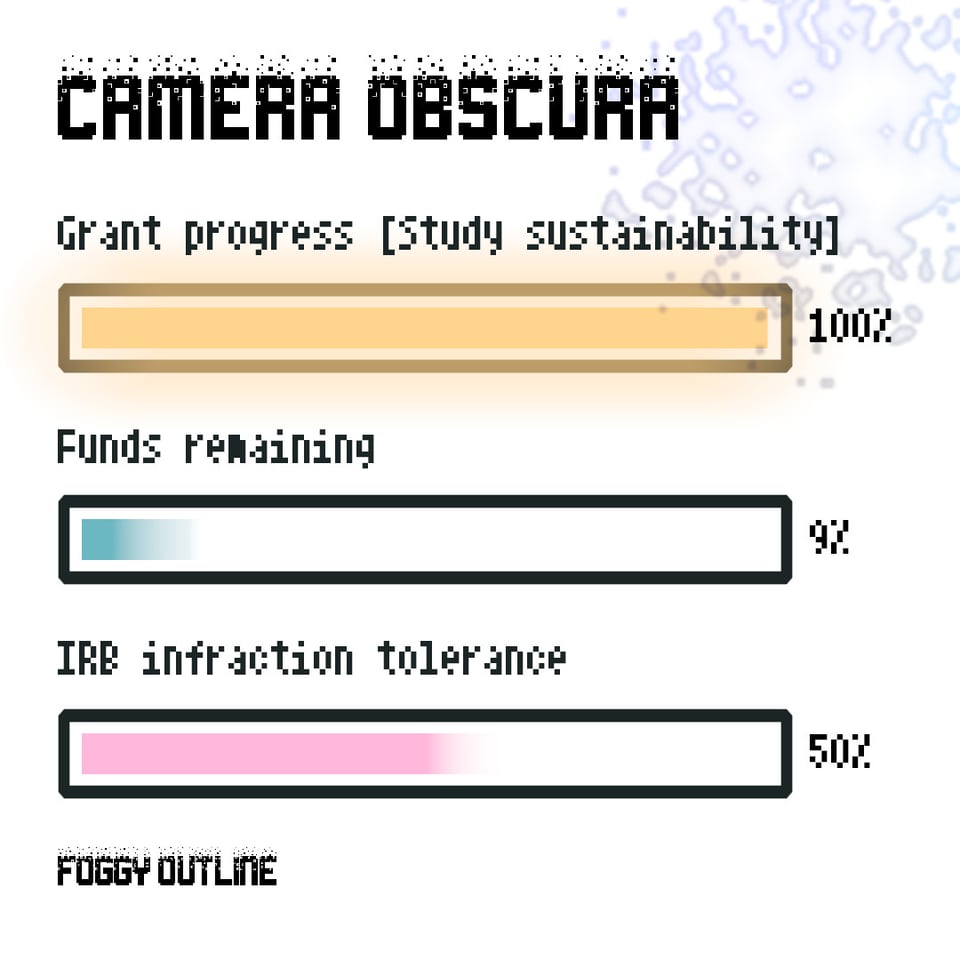 Camera Obscura from Foggy Outline. Grant progress 100%. Funds remaining 9%. IRB infraction tolerance 50%.