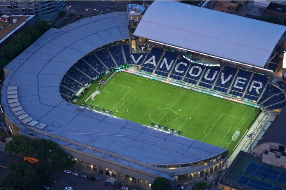 A modified image of Providence Park Stadium in Portland suggesting the seats are now blue with the letters VANCOUVER in place of PORTLAND.