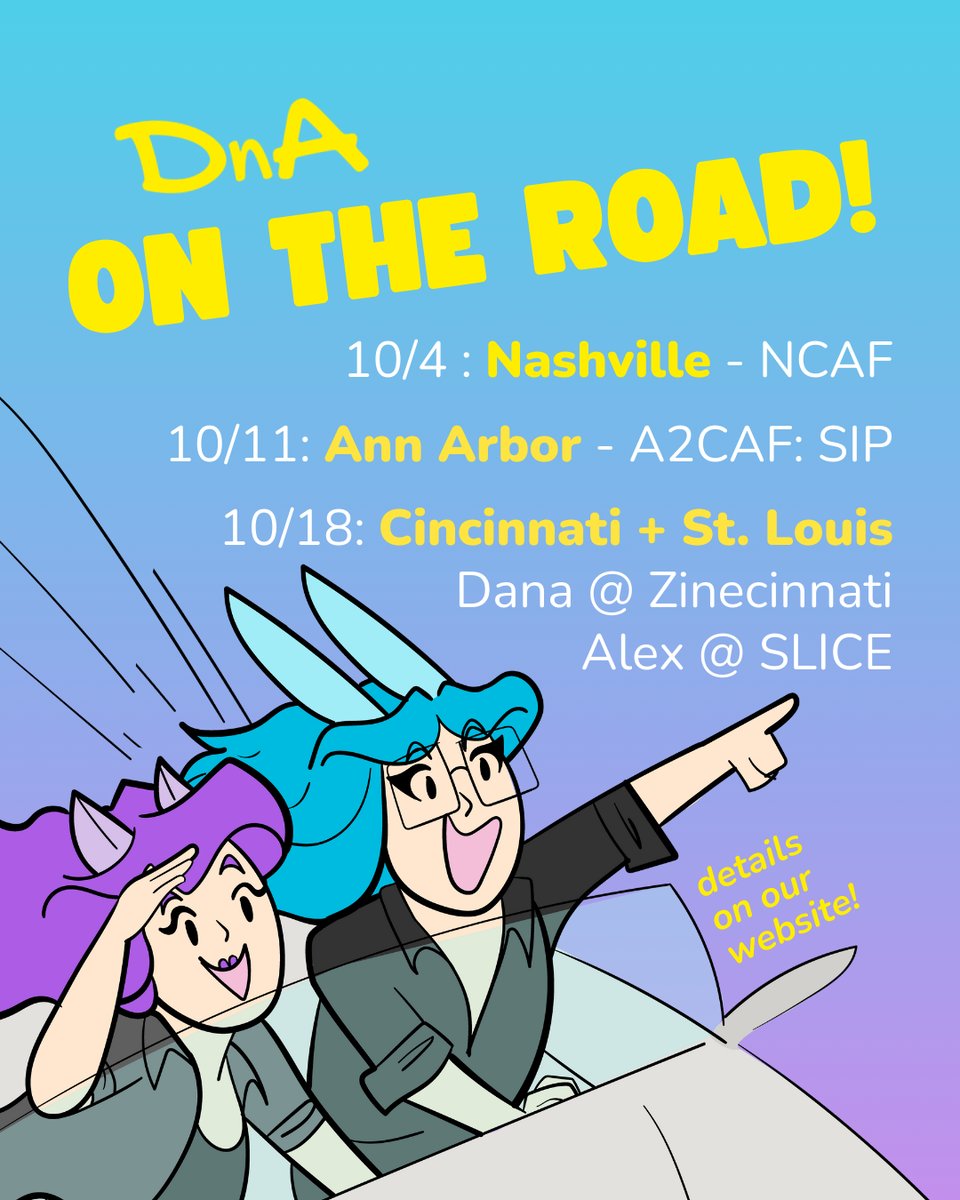 Image with doodle of Dana and Alex in a car looking at the horizon. Text reads "DnA on the Road!" and lists the three upcoming shows with details on the website.