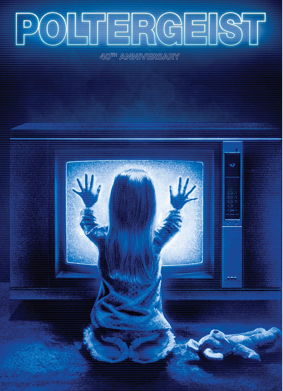 a screenshot of the famous poster image for the movie “poltergeist”. It shows a young girl with blonde hair kneeling in front of a old fashioned cathode ray television set from the 1970s or early 1980s. She is facing away from us and has raised both of her hands to put them right on the TV screen. Next to her, lying on its back, is her teddy bear. Everything is glowing in blue light that emanates from the television. It's all very creepy