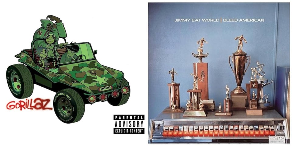First pic: A cartoon drawing of the band Gorillaz, in a dune buggy, everything tinted green. The dune buggy has a camouflage pattern on it. Second pic: Seven bowling trophies, of varying size, on top of an old cigarette dispensing machine, like you might have found in the 50s or 60s. All that's visible of the machien are a row of buttons along the bottom of the image, with a picture of a cigarette brand on each button. Behind the trophies is a blue wall.