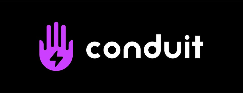 The new Conduit logo, with a purple Hamsa hand on a dark background. Conduit is all lowercase with white futuristic lettering.