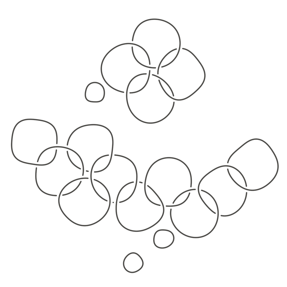 A collection of wobbly intertwined circles. The lines are dark and the background white. The depth effect is simulated by erasing part of the lines near intersections between shapes.