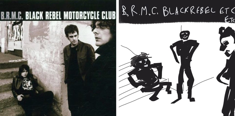 A black and white photo of three young white men, the Black Rebel Motorcycle Club, hanging out on a street corner. One leans against a white concrete corner, another is sitting back on steps on the left side of the image, the other is more foreground on the right side. They all wear leather jackets and look like the Jesus & Mary Chain tribute band they are.