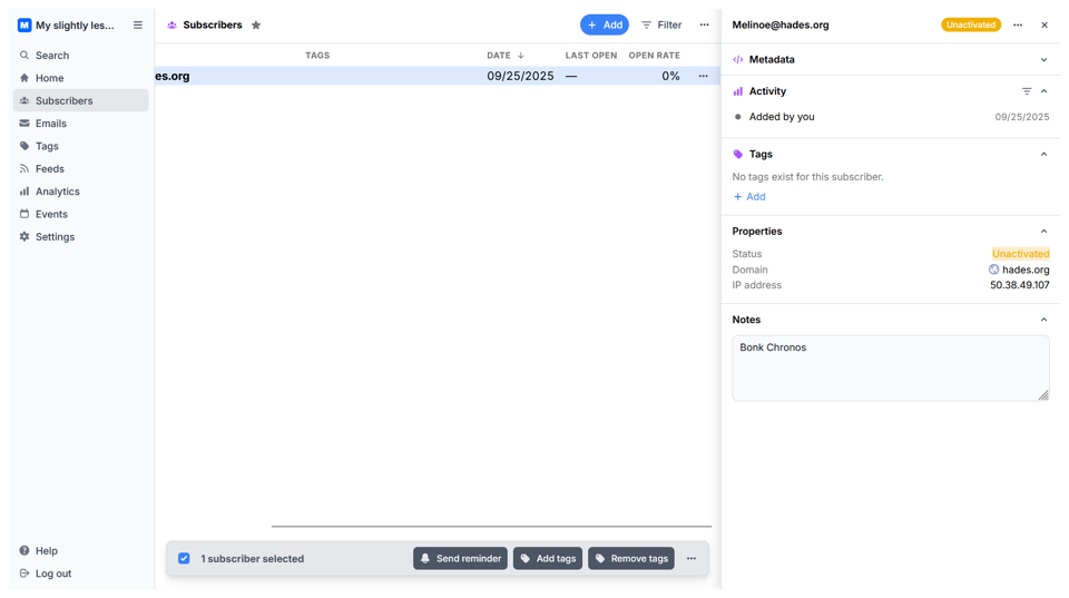 The Buttondown Subscribers dashboard, with the new Notes field in the details pane on the right side of the screen.