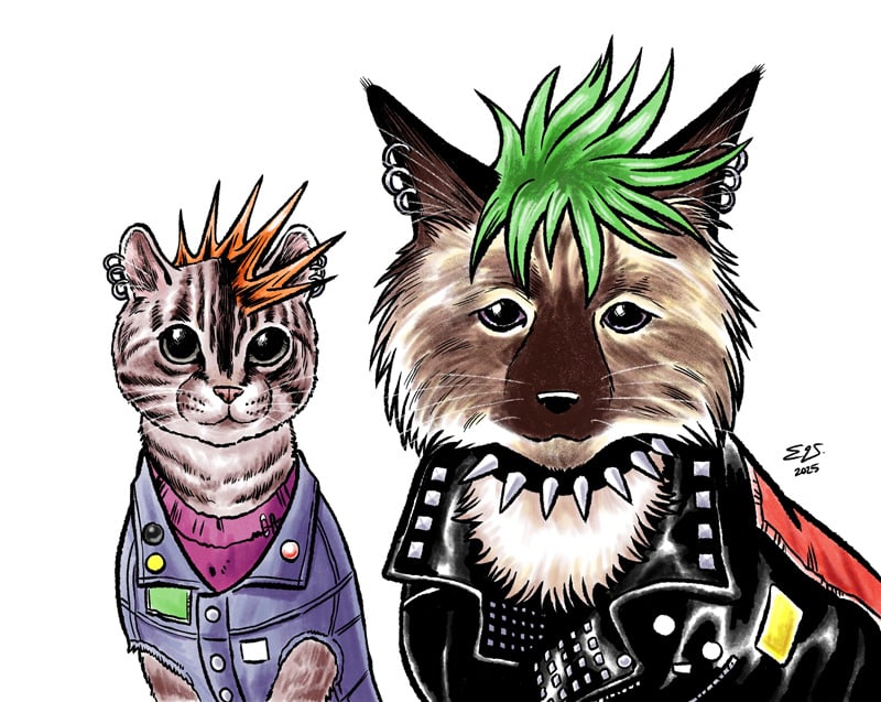 Two cats! Also with spiked punk hairdos and dressed in punk regalia! Wow!