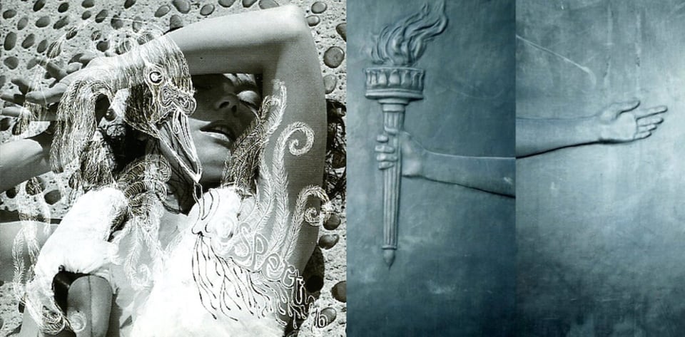 First pic: A black and white photo, tinted in a bluish-grey, of Björk, a white woman, laying on concrete in the sun, one arm over her face and casting it in shadow. Her eyes are closed and mouth is slightly open, intending a kind of sensual feeling. I believe she's naked, but her chest is obscured by a drawing of a goose or swan overlaying the image. The word VESPERTINE can just be made out in the bird's feathers. Second pic: From the Wikipedia article: a photographic illustration composed of two tightly cropped images of the bronze relief plaque on the Heald Square Monument in Chicago, IL. Both arms of Lady Liberty extended in opposite directions, one with a torch in-hand and the other empty. Despite being a bronze relief, the whole thing is colored a bluish-grey.