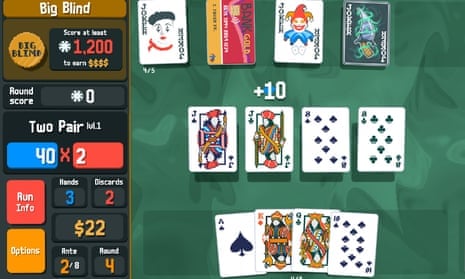 A screen shot of the video game Balatro. The screen features varying playing cards and jokers.