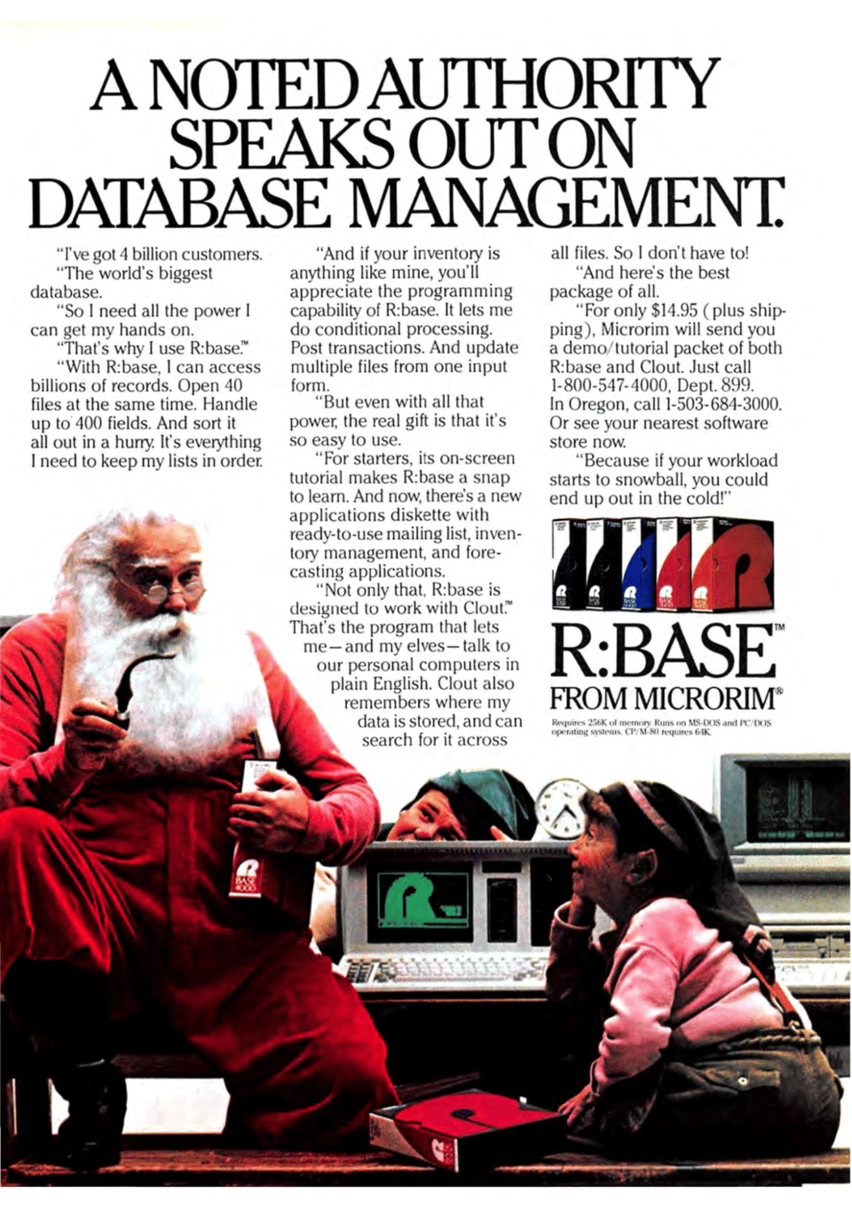 Santa Claus, sitting on a desk holding a pipe and a software box, explaining something to two Christmas elves sitting on the desk next to him.