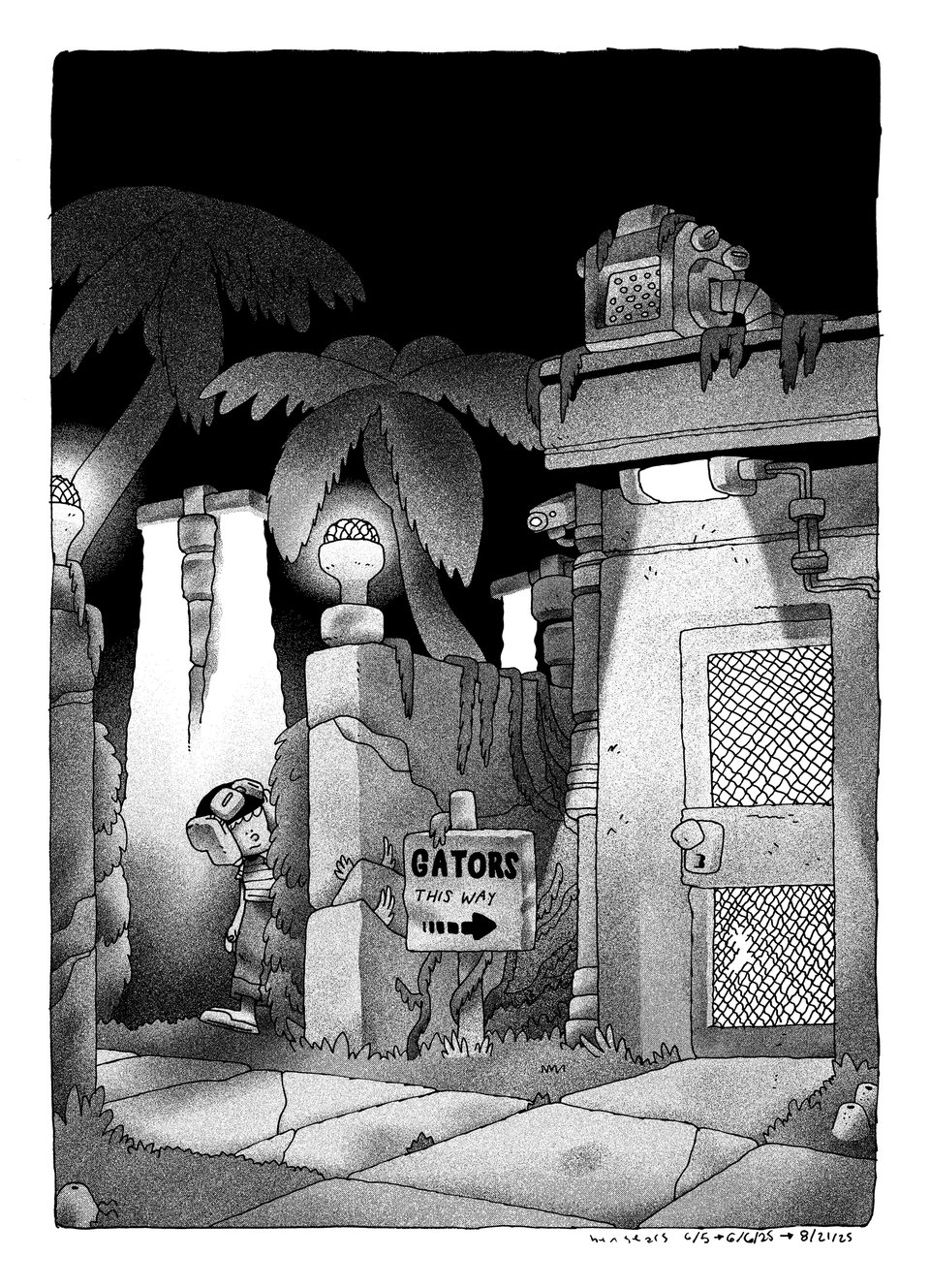 a black and white illustration of a kid investigating one of those roadside alligator zoos in the deep south