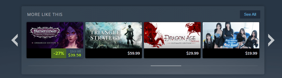 An example of the old recommendations that Steam would show from the store page, including a dating sim about 5 hearts under one roof.