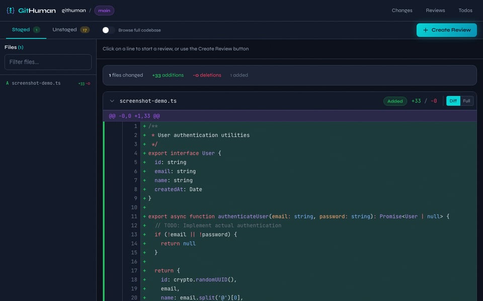 GitHuman interface showing staged changes with syntax highlighting